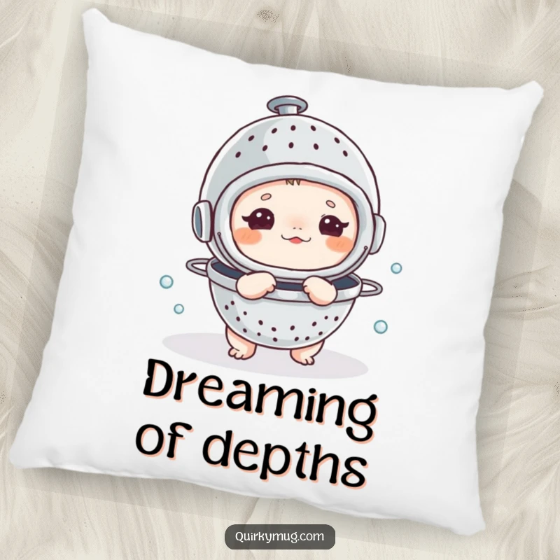 Funny pillow showing a small creature humorously wearing a colander as a diving helmet, ready for imaginary underwater escapades.