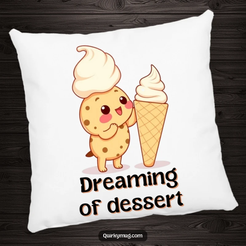 Funny Kawaii cookie character reaching up to lick a huge ice cream cone on a pillow, looking determined.