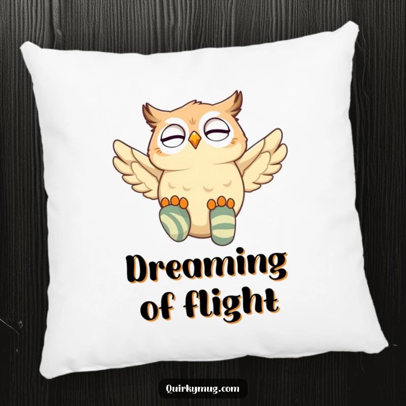 Funny owl character resting on a plush pillow, attempting flight with mismatched socks, giggling contentedly.