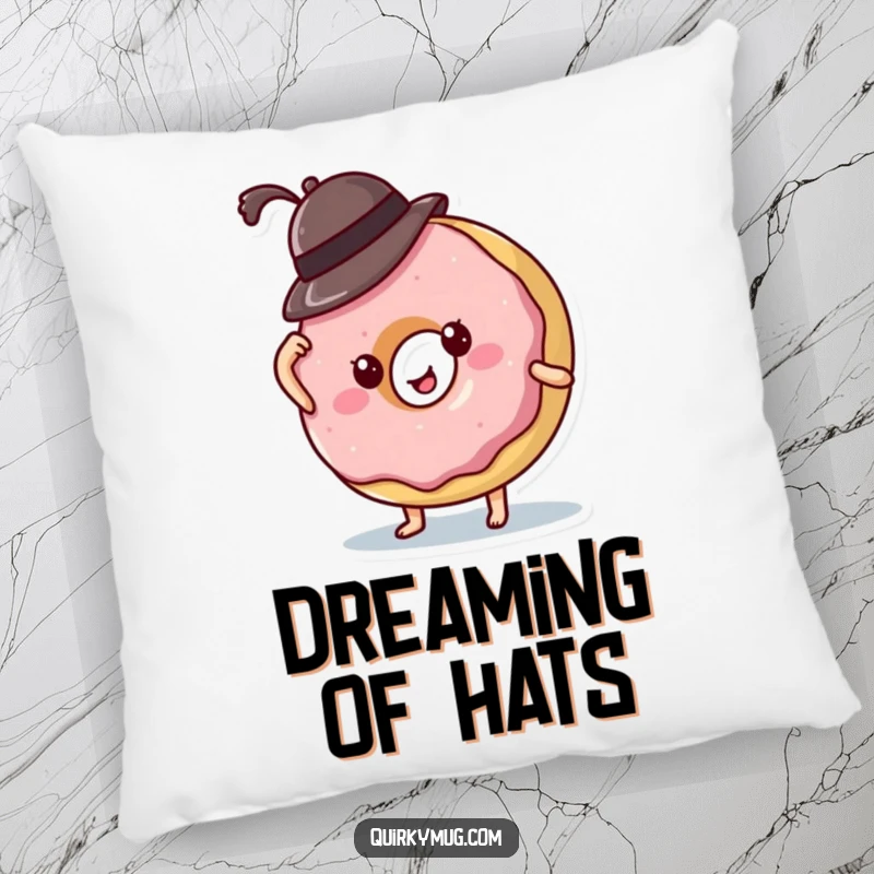 Funny donut character's tiny hat falling off, a comforting and humorous pillow design for relaxation and laughs.