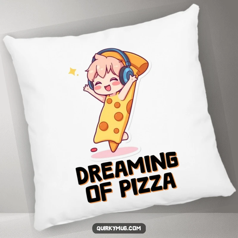 Funny pillow featuring a cute character wearing headphones, happily dancing on a giant slice of pizza, perfect for cozying up with a fun theme.
