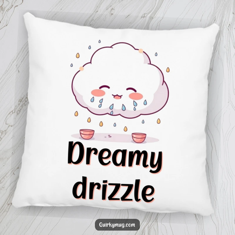 Funny Kawaii cloud character raining tiny teacups on a soft pillow, designed for comfort and smiles.