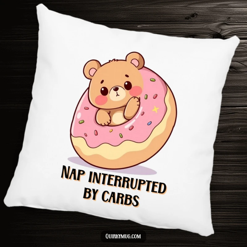 Funny pillow: Cheerful bear character comically tripping over a giant rolling donut, looking surprised, a comfy funny gift.