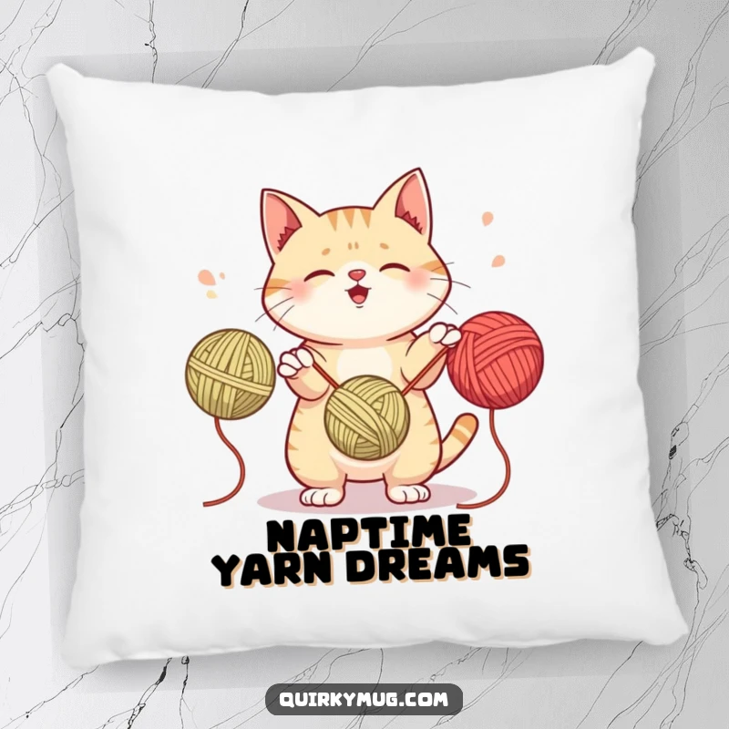 Funny pillow with a mischievous cat attempting to juggle yarn balls, perfect for cozying up with playful, feline humor.