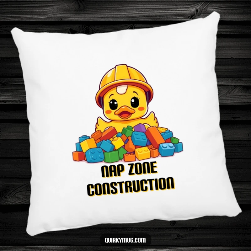 Funny surprised rubber ducky in construction helmet, bewildered by LEGO bricks, a soft and humorous pillow.