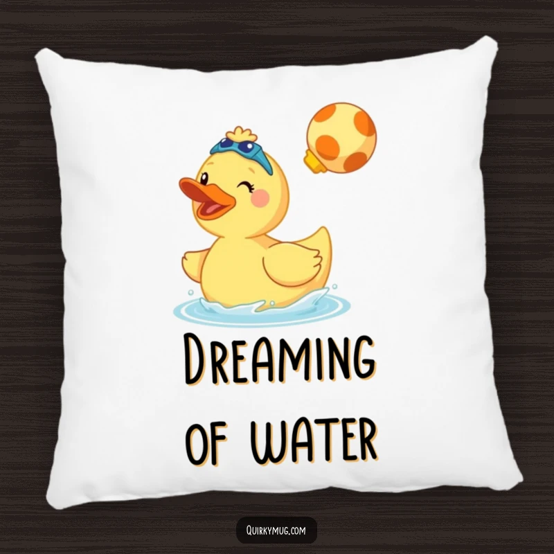 Funny pillow showing a cheerful giant rubber duck wearing swim fins and doing a cannonball splash.