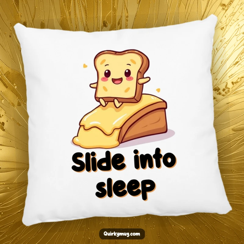 Funny Kawaii toast character joyfully sliding down a buttered ramp on a soft, comfortable pillow.