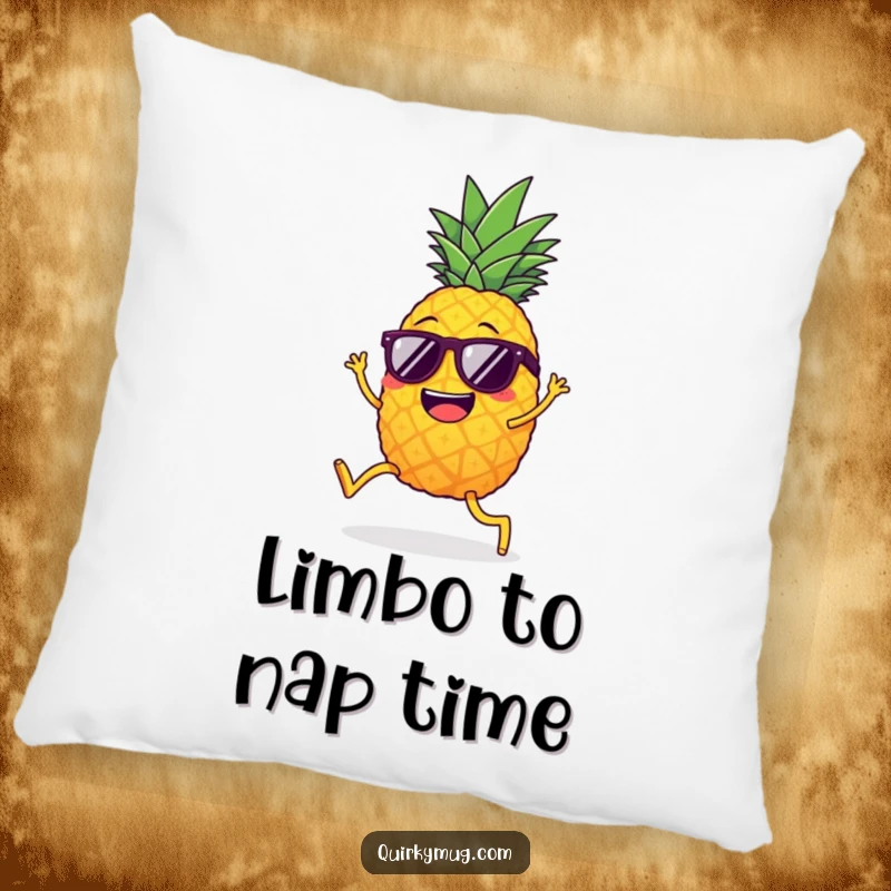 Funny giggling pineapple with legs, sunglasses, attempting the limbo, a soft and humorous pillow.