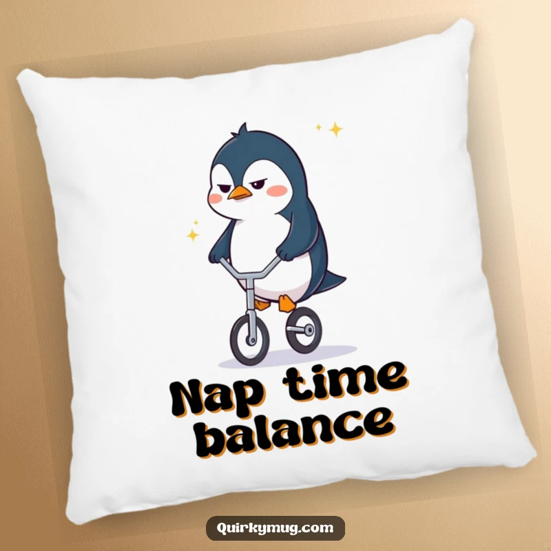 Funny penguin character resting on a plush pillow, frowning with determination while attempting to ride a tiny unicycle.