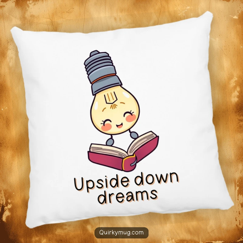 Funny pillow with a lightbulb character trying to read a book upside down, designed for comfort.