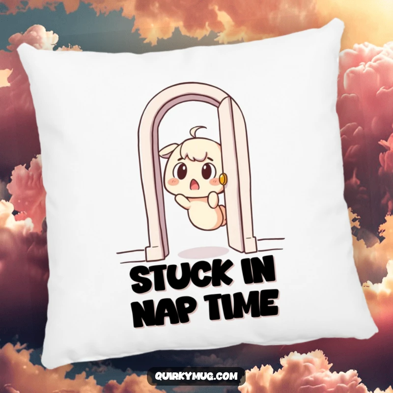 Funny pillow with a surprised character comically stuck in a tiny doorway, offering comfort and comical humor.
