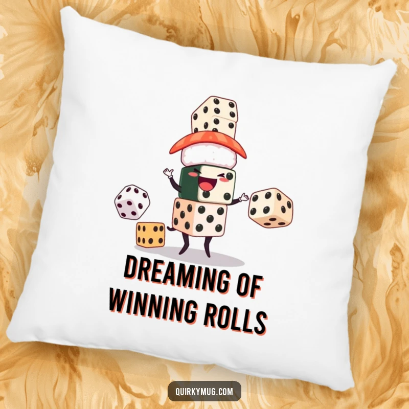 Funny pillow featuring a sushi character juggling oversized dice, providing comfort and a humorous, lucky accent.