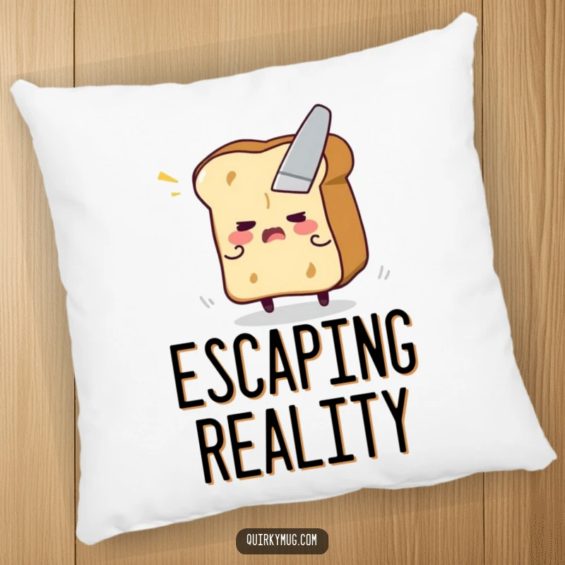 Funny pillow featuring a flustered toast character desperately trying to avoid a butter knife, cozy and comical.