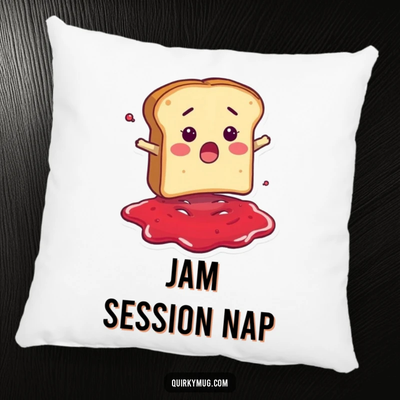 Funny pillow featuring a surprised bread slice character falling into a puddle of jam, perfect for cozying up with breakfast humor.