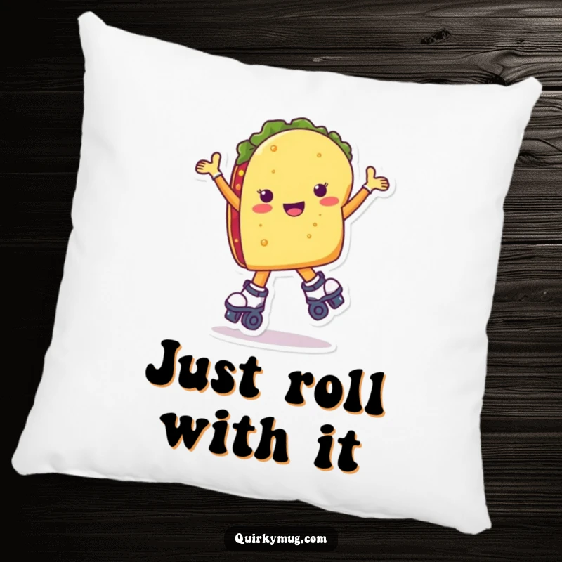 Funny taco character on roller skates, mid-wobble, printed on a soft, decorative pillow.