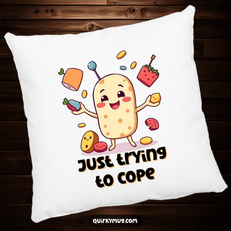 Funny decorative pillow featuring a cheerful food character comically juggling various objects, perfect for adding a humorous touch to any couch.