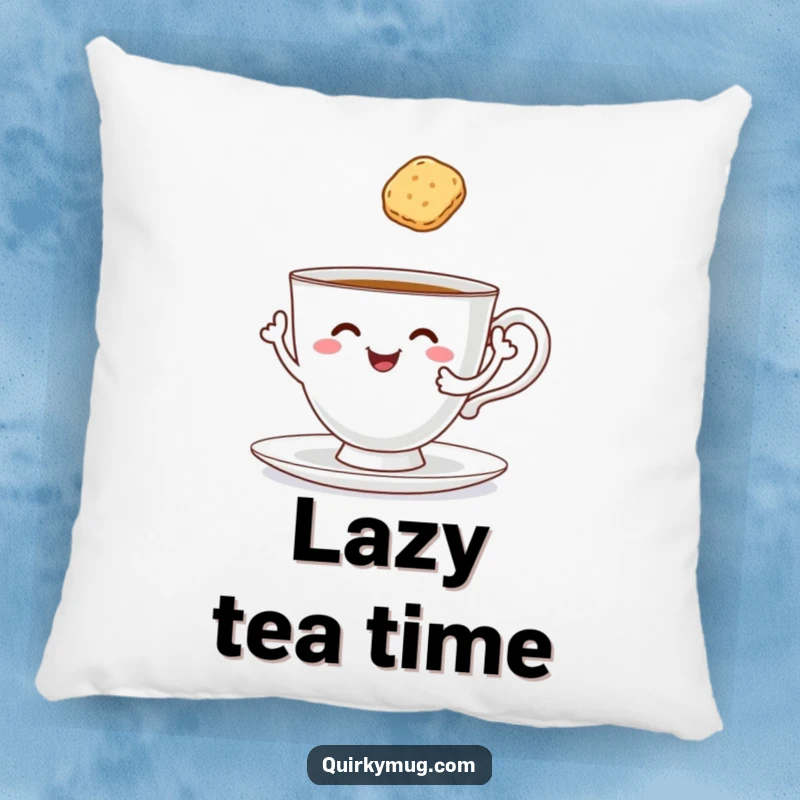 Funny cheerful teacup with arms reaching for a floating biscuit, soft and comfortable pillow.