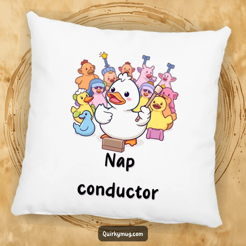 Funny Kawaii rubber duck conducting bath toys on a soft pillow, designed for comfort and smiles.