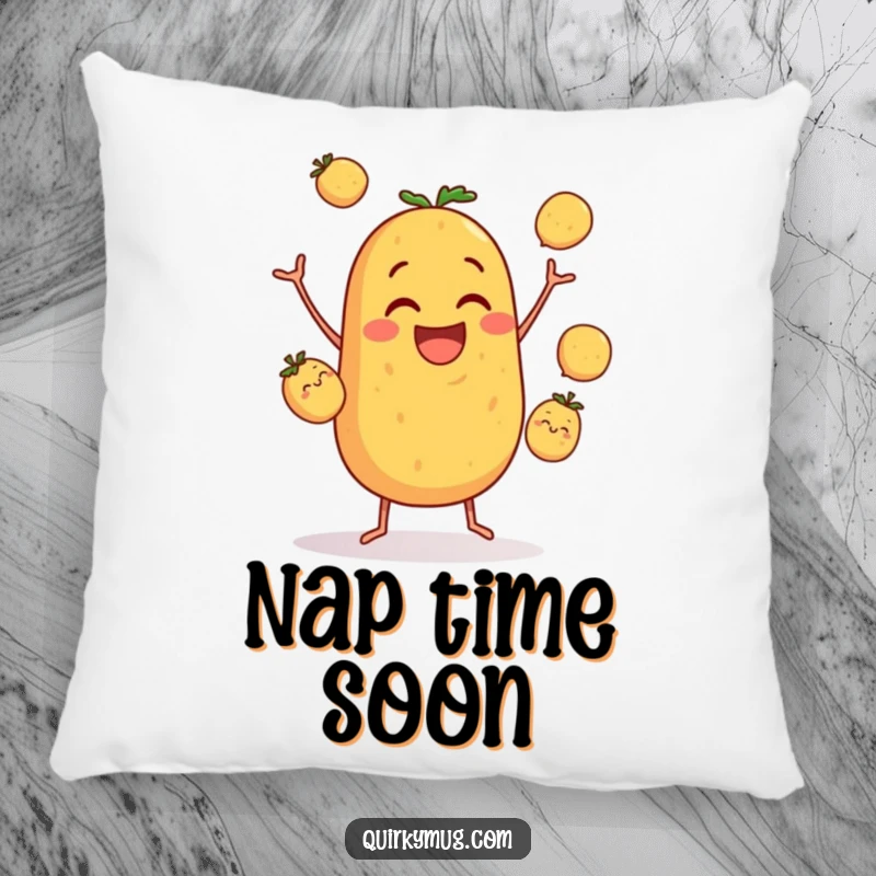 Funny pillow adorned with a clumsy potato character joyfully attempting to juggle three tiny potatoes, adding a humorous touch to any sofa.