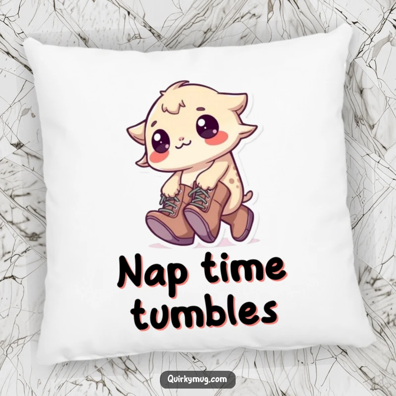Funny Tripping Creature Pillow: A little creature wearing oversized boots, comically tripping, a soft and humorous decor item.