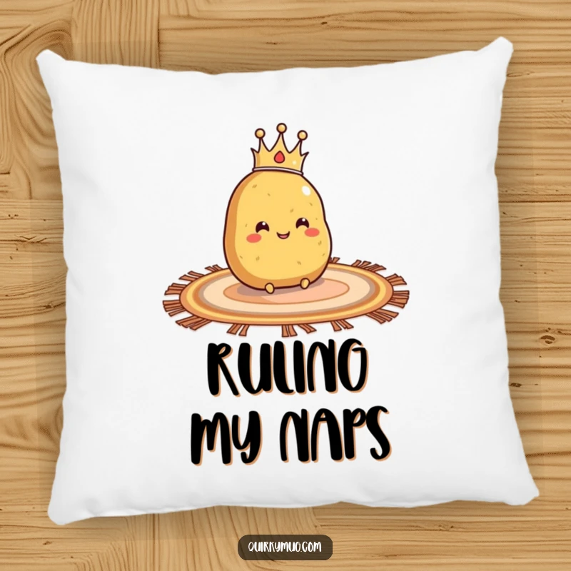 Funny pillow with a smiling potato wearing a crown, sliding on a rug, designed for comfort.