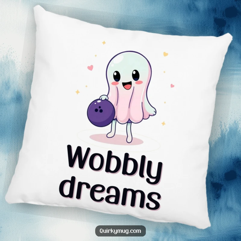 Funny pillow depicting a jiggly, translucent jelly character in a precarious pose, balancing a large bowling ball, offering comfort and humor.