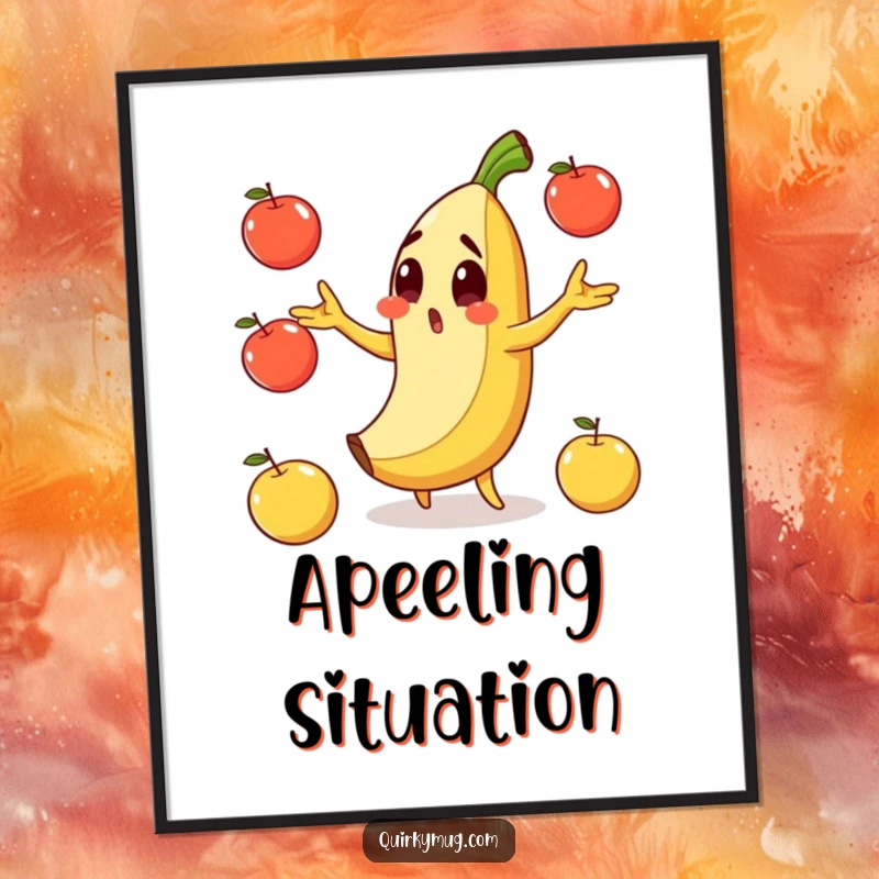 Funny digital art of a surprised banana character slipping on its peel while comically juggling apples.