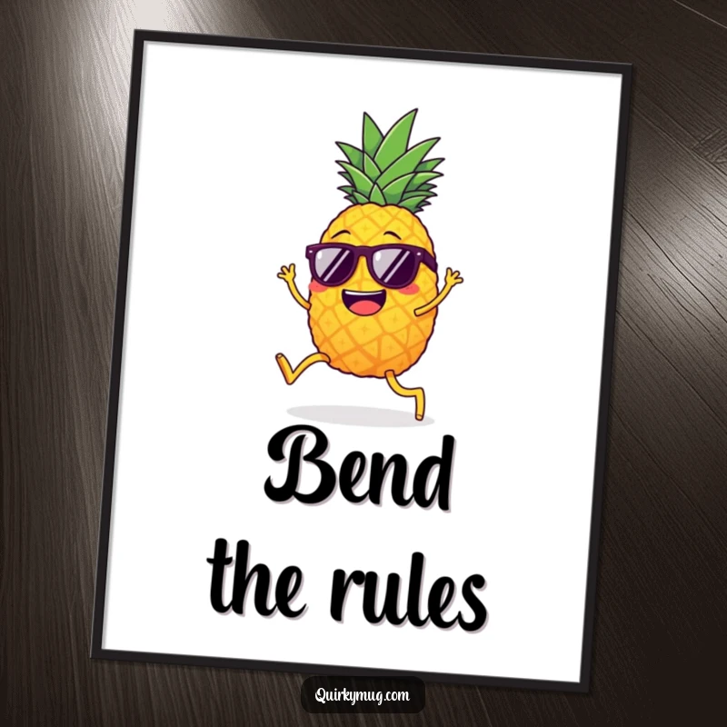 Funny giggling pineapple with legs, sunglasses, attempting the limbo, instant humorous digital art.
