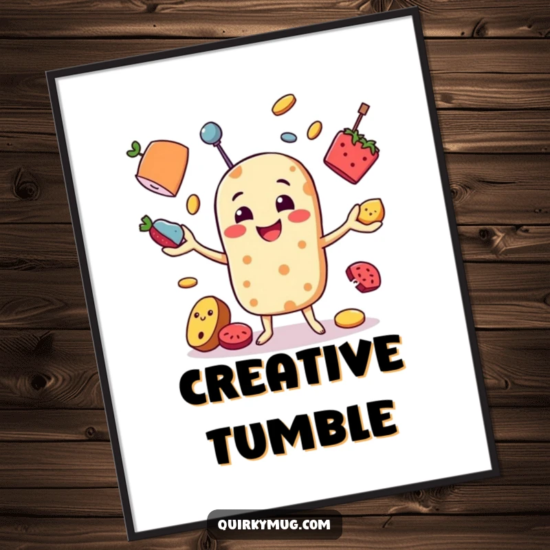 Funny digital art print of a food character joyfully juggling multiple chaotic objects, perfect for adding humorous wall decor.