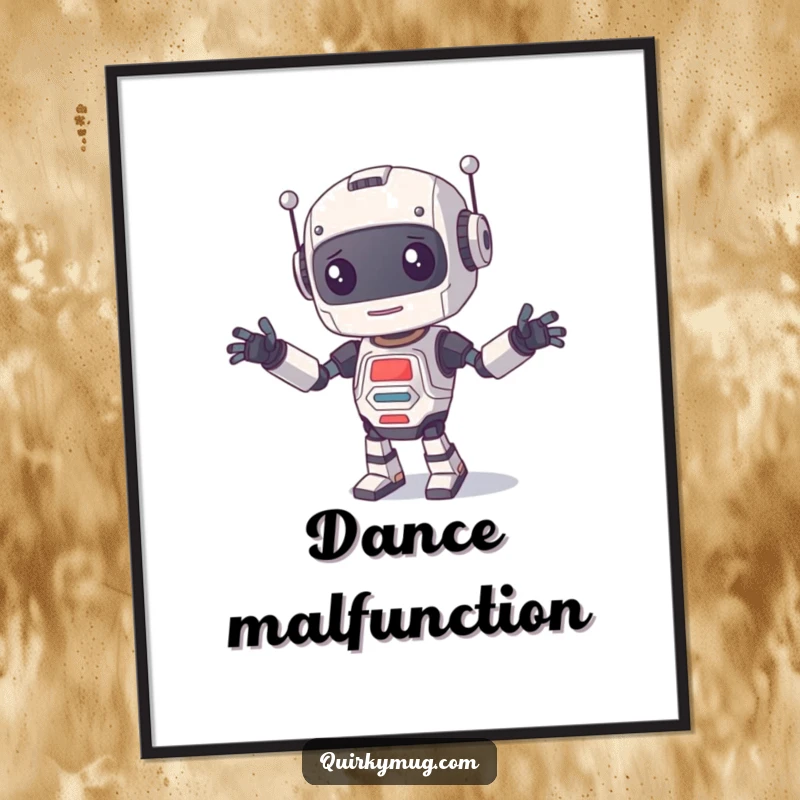 Funny Digital Art Print of a curious robot dancing chaotically with limbs everywhere, perfect for instant humorous decor.