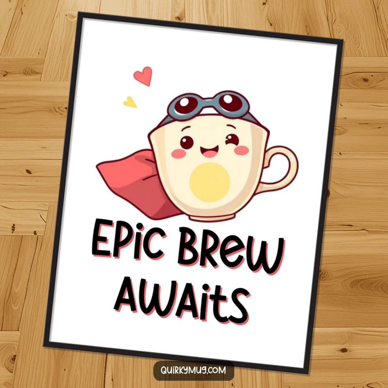 Funny digital art of a happy teacup character in a superhero cape, soaring sideways with boundless excitement and artistic flair.