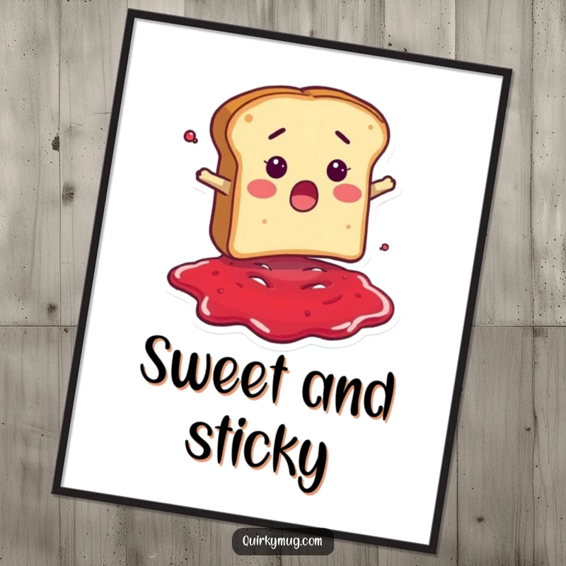 Funny digital art print of a surprised bread slice character comically falling headfirst into a puddle of jam, perfect for kitchens.