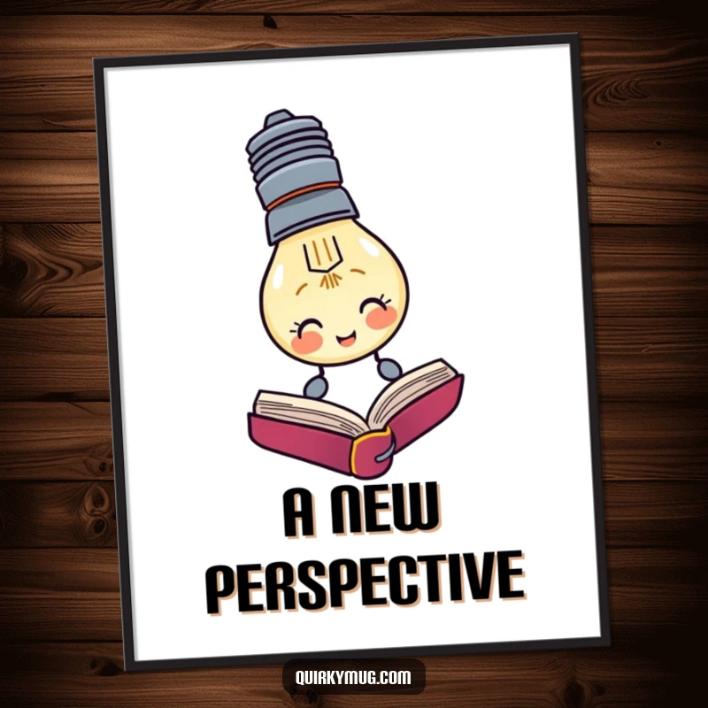 Funny digital art print of a lightbulb character trying to read a book upside down, perfect for decor.
