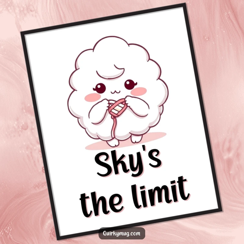 Funny digital art print of a fluffy cloud character humorously knitting with its own mist, perfect for quirky wall decor.