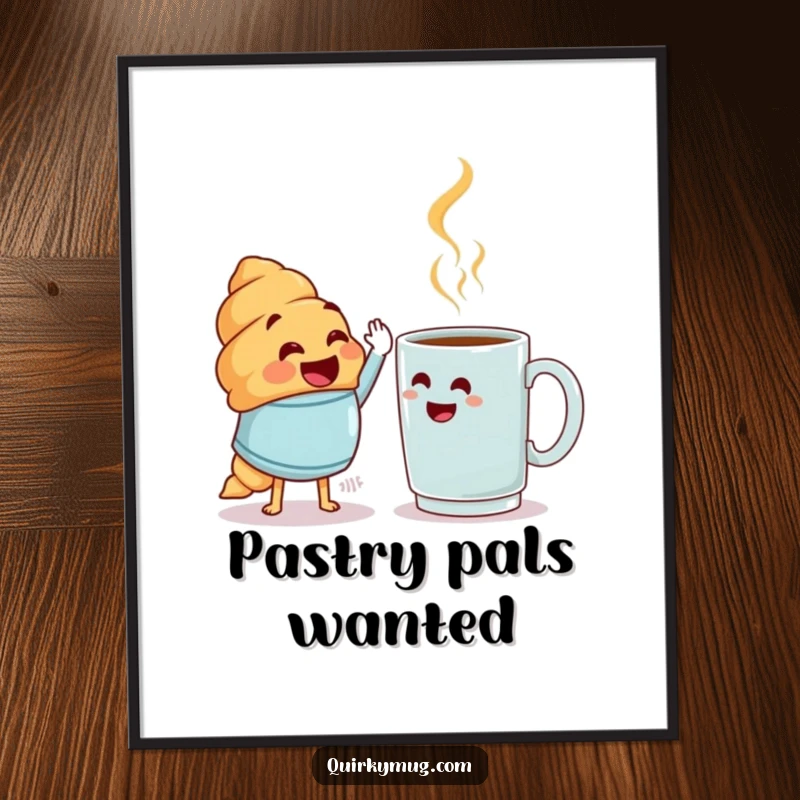 Funny joyful croissant character high-fiving a bewildered mug, digital art print, perfect funny gift.
