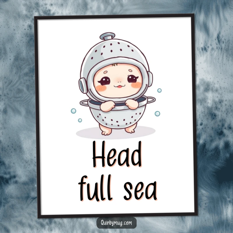 Funny digital art print of a small creature humorously wearing a colander as a diving helmet, ready for whimsical underwater adventures.