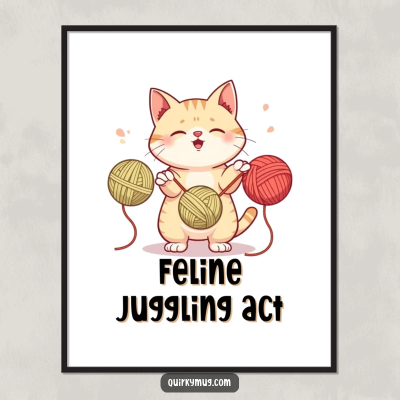 Funny digital art print of a mischievous cat attempting to juggle three colorful yarn balls, perfect for playful home decor.