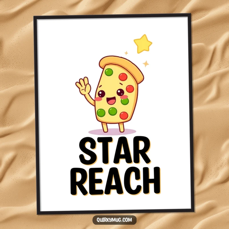 Funny Kawaii pizza slice character reaching for a distant star, digitally rendered for instant home decor.