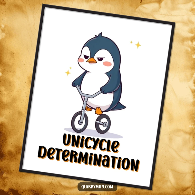 Funny determined penguin character frowning while riding a tiny unicycle, captured in a vibrant digital art print, full of grit.