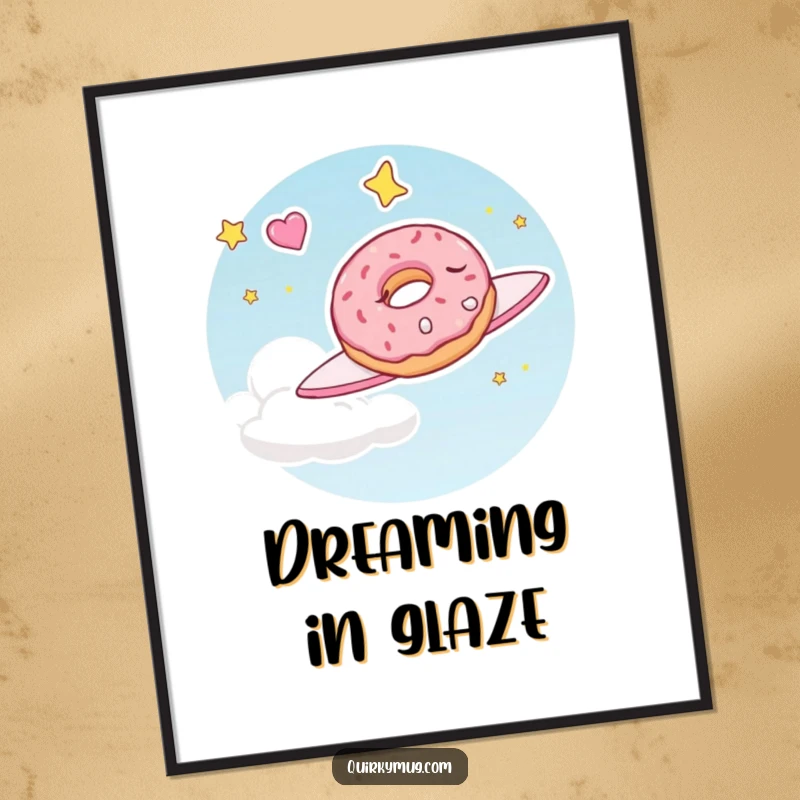 Funny digital art print of a sleepy doughnut character dreaming of flying through the sky, perfect for sweet and humorous decor.