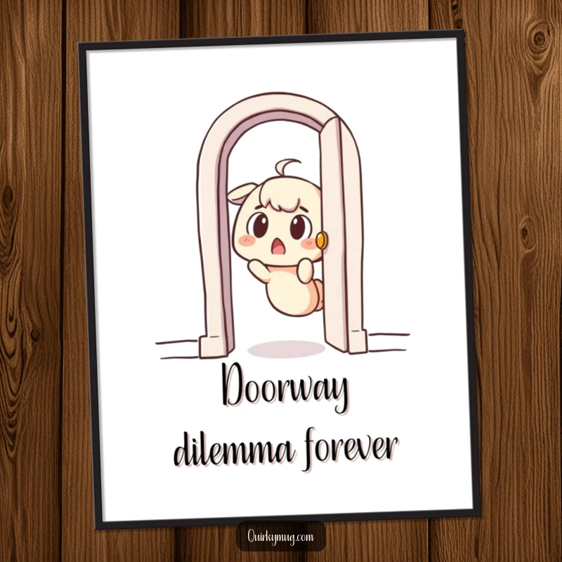 Funny digital art print of a surprised character comically stuck in a tiny doorway, ideal for humorous and quirky decor.