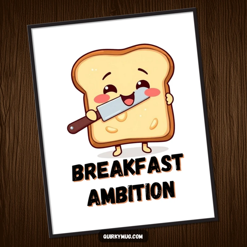 Funny digital art of a delighted slice of toast trying to butter itself with a rogue butter knife.