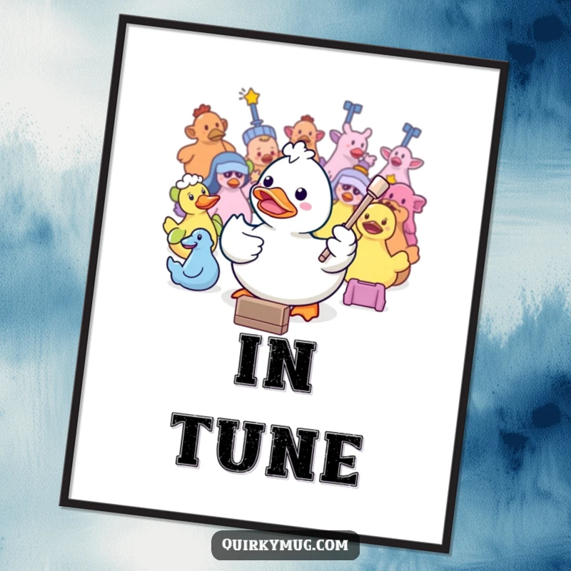 Funny Kawaii rubber duck leading a symphony of bath toys, digitally rendered for instant wall decor.