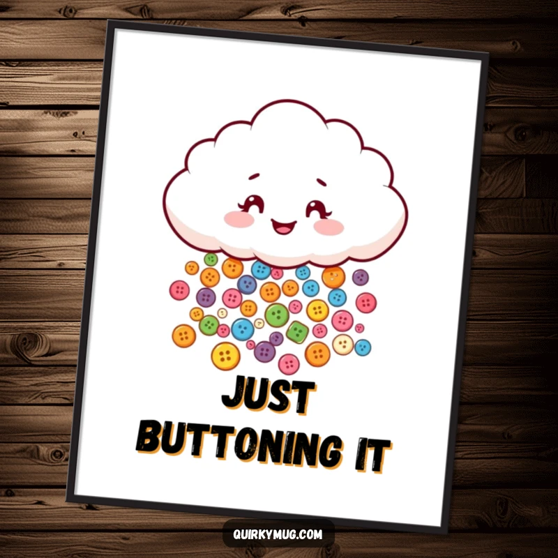 Funny digital art print of a mischievous cloud character playfully showering tiny, colorful buttons, perfect for wall decor.