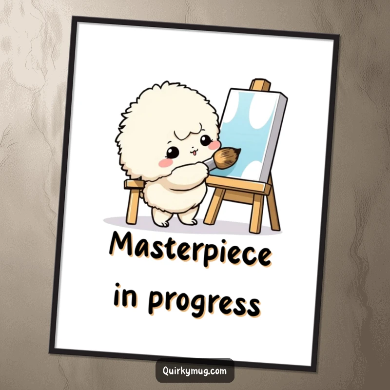Funny Art Creature Art Print: A fluffy creature painting a tiny canvas with a giant brush, ready for instant download.