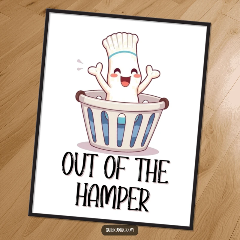 Funny giggling sock character hopping out of laundry basket, digital art print for immediate funny gift.