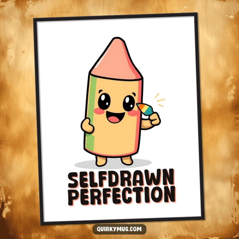 Funny digital art print of a beaming crayon character hilariously drawing its self-portrait with its own pointed tip, art-themed.