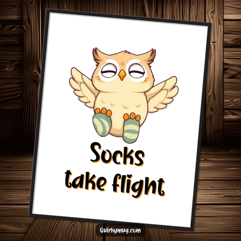 Funny giggling owl character in a whimsical digital art print, attempting flight with oversized mismatched socks, full of playful energy.