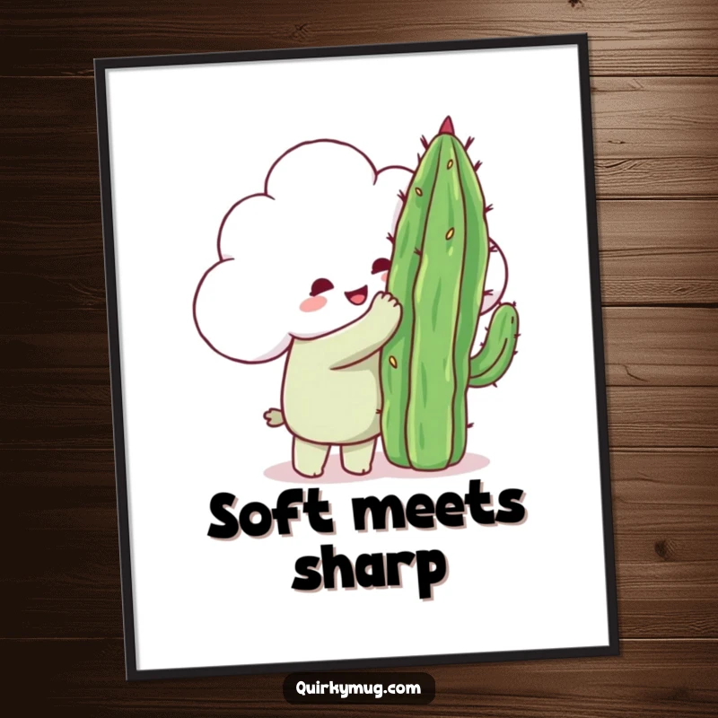 Funny happy cloud character attempting to hug a very pointy cactus, available as a high-resolution digital art print.