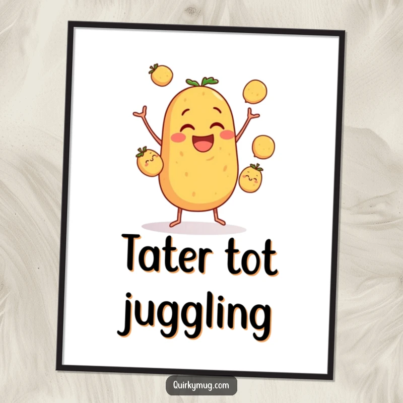 Funny digital art print of a clumsy potato character hilariously juggling three small potatoes, capturing a moment of pure, comical joy.